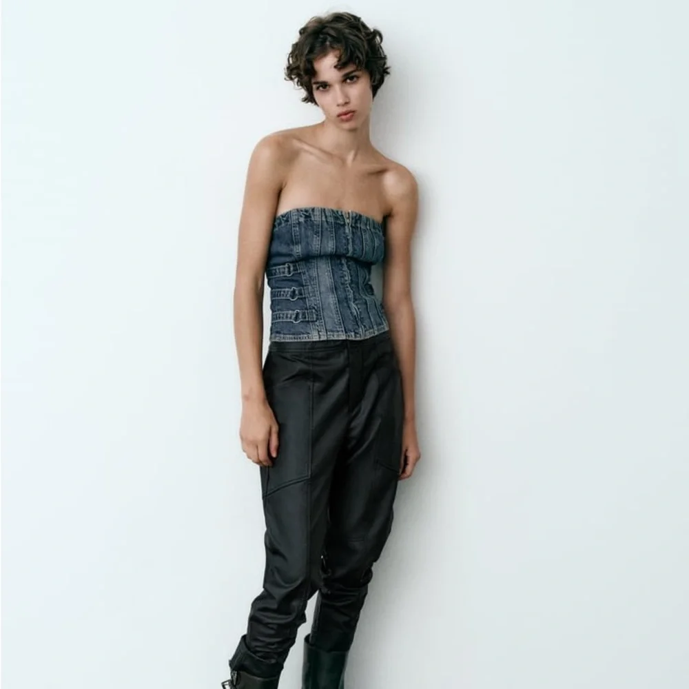 Zara Dark Blue Strapless Denim Top - Picture 2 of 8